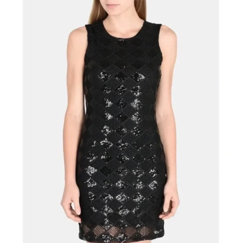 Armani Exchange sheer sequin sheath little black body con dress diamonds